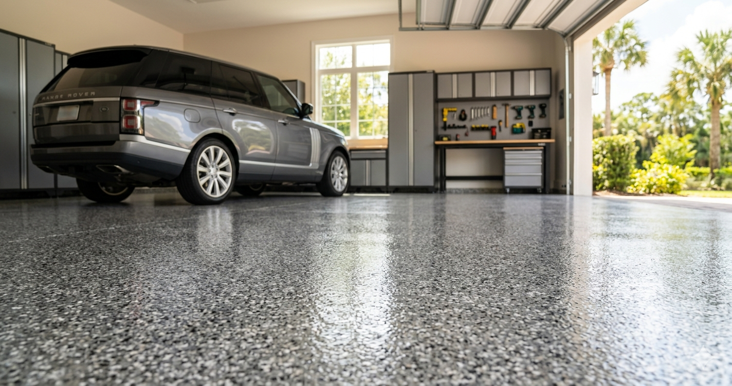 Glossy professionally installed epoxy floor in an Orlando Florida residential garage by Clever Coatings USA